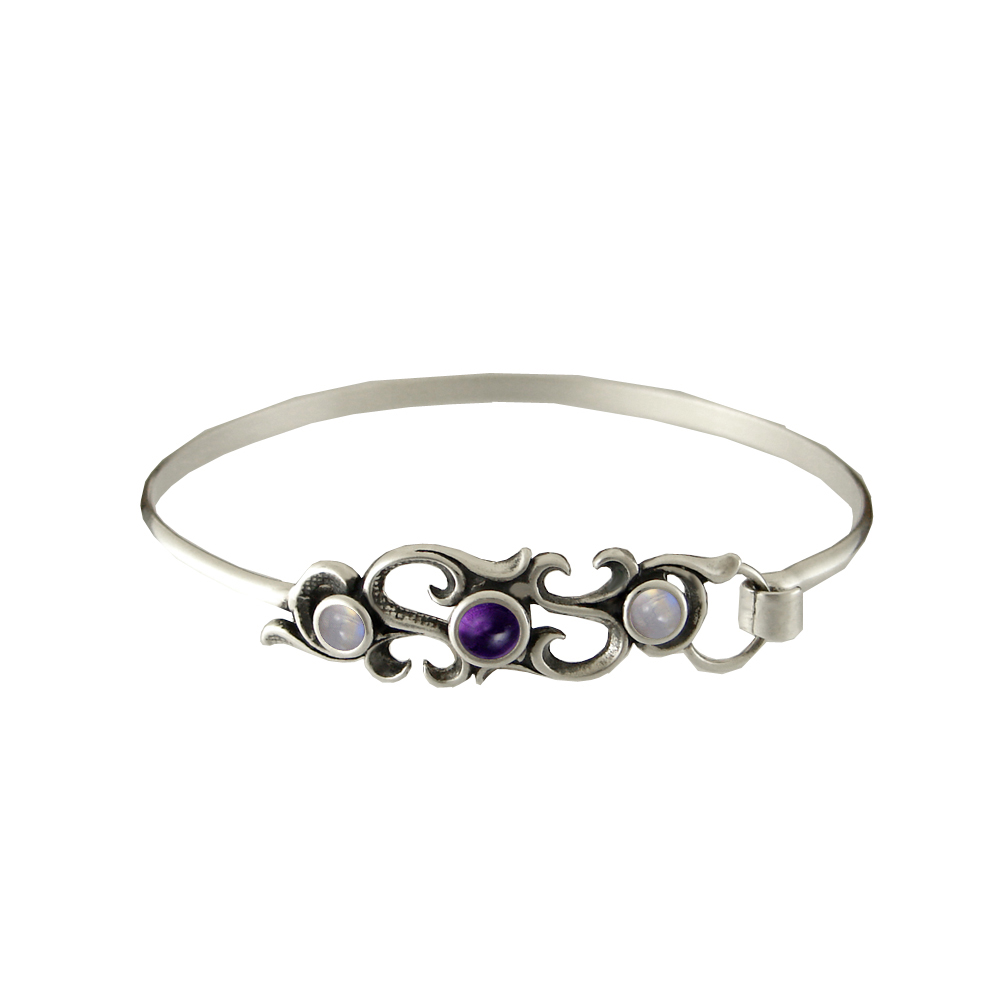 Sterling Silver Victorian Style Strap Latch Spring Hook Bangle Bracelet with Amethyst And Rainbow Moonstone